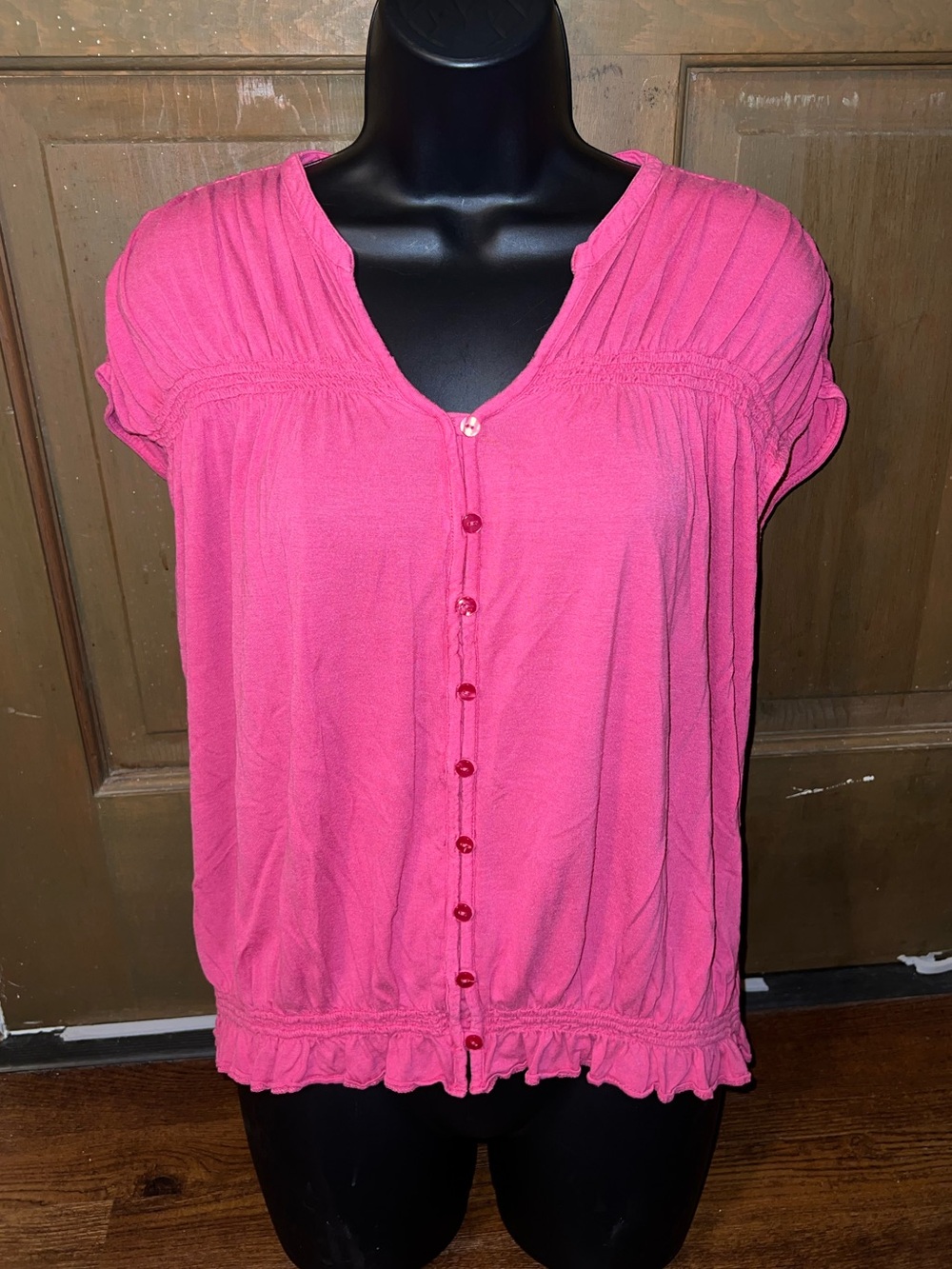 LOFT Smocked Blouse Pink Vibrant Short Sleeve Button Front Rayon Size S
